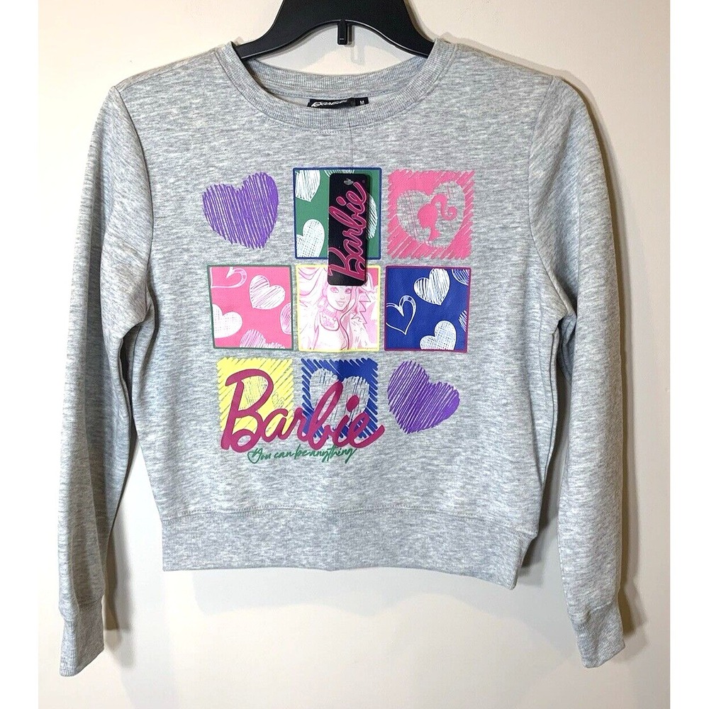 NEW Barbie Sweatshirt Women Juniors M Gray Cropped Crew Neck You Can Be Anything